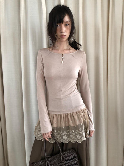 Dorydory Dusty Pink Rabbit Hair Lace Spliced Slim Women&