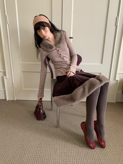 Dorydory Dusty Rose Gray Vintage Detachable Fur Collar Slim Fit Women&