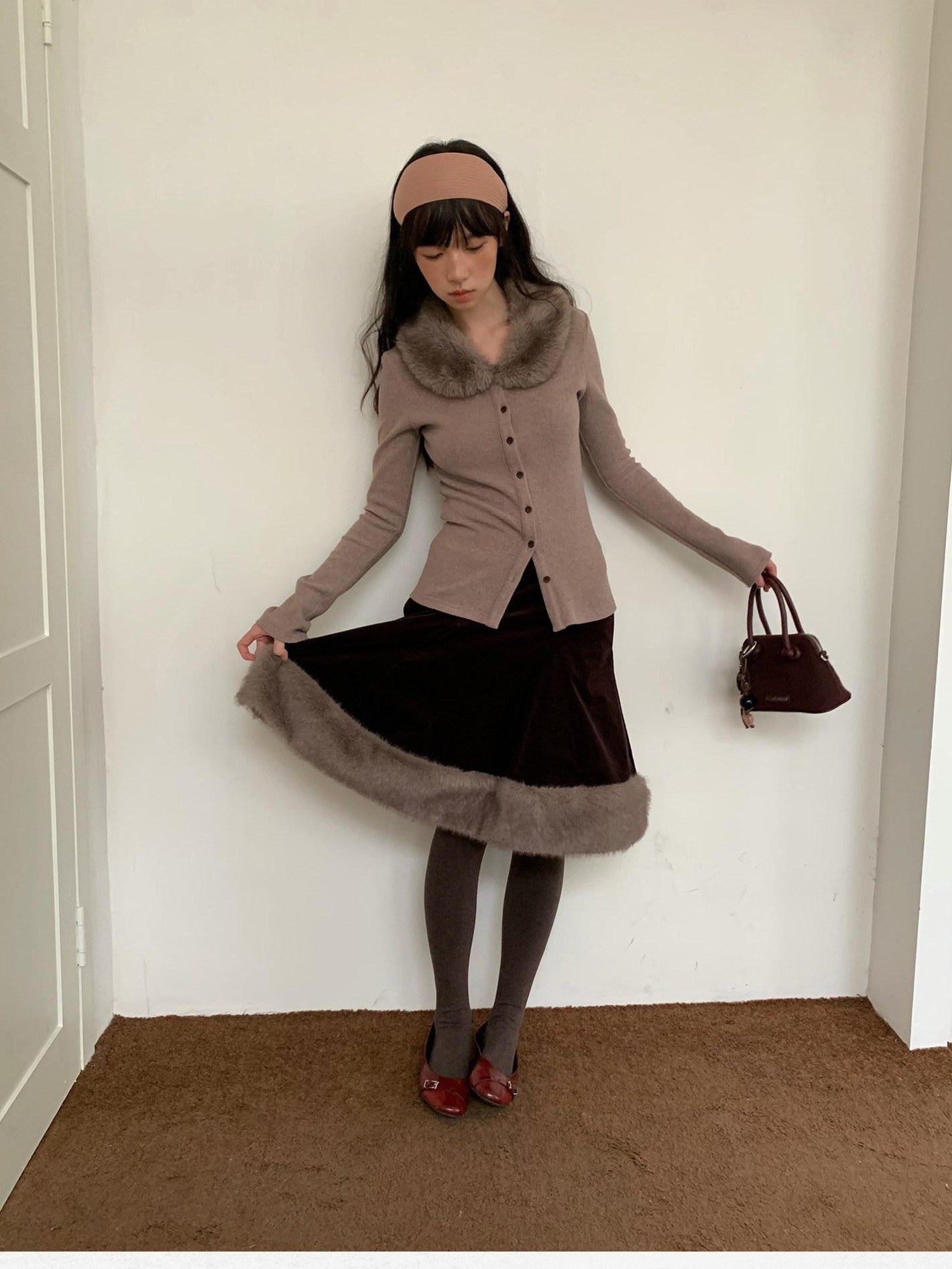 Dorydory Dusty Rose Gray Vintage Detachable Fur Collar Slim Fit Women&