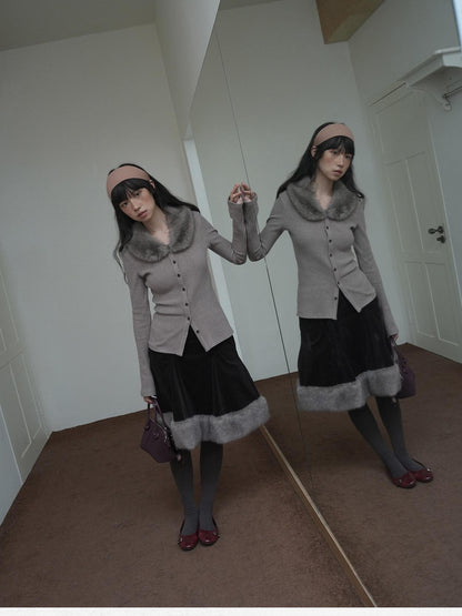 Dorydory Dusty Rose Gray Vintage Detachable Fur Collar Slim Fit Women&