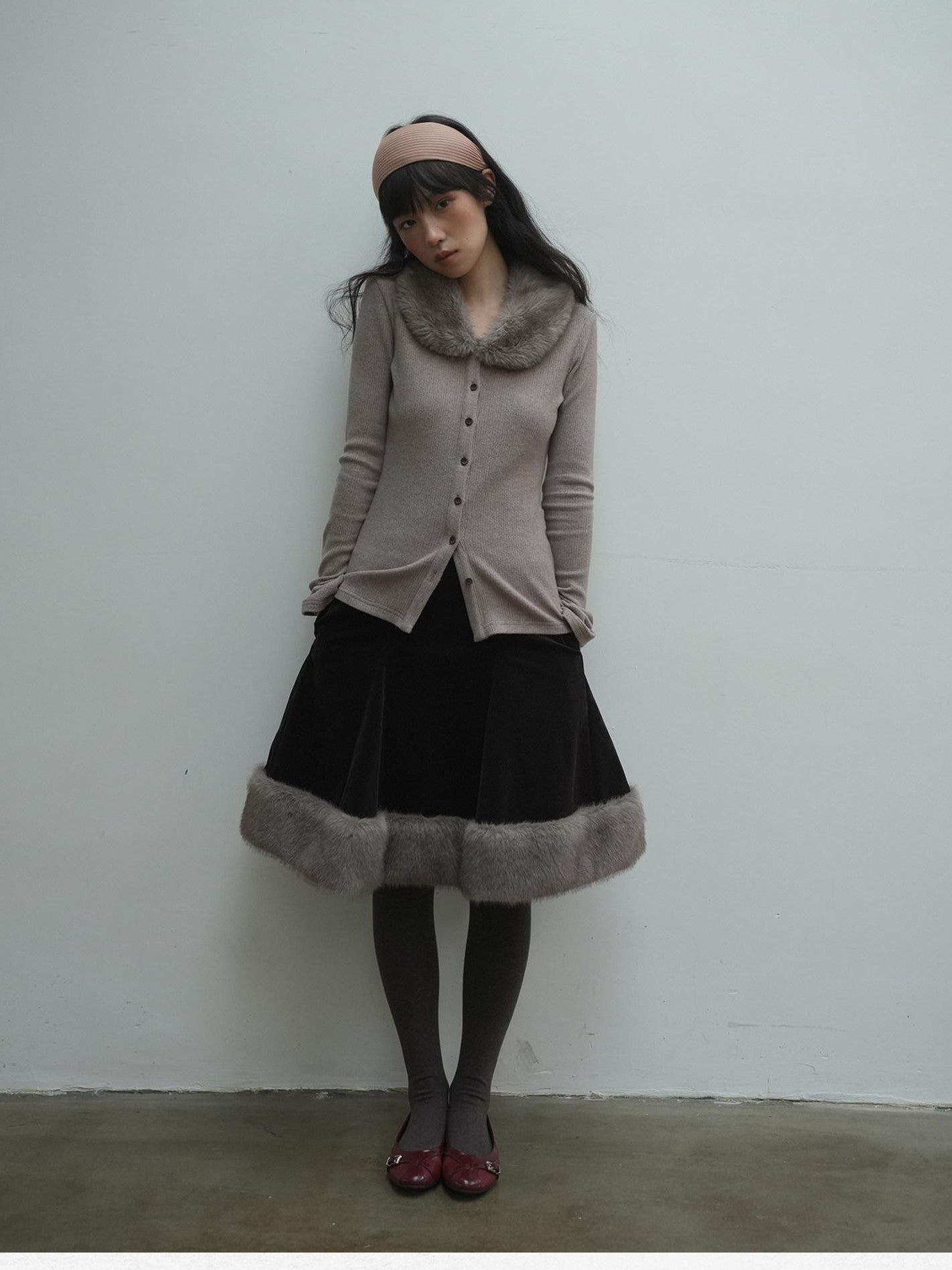 Dorydory Dusty Rose Gray Vintage Detachable Fur Collar Slim Fit Women&
