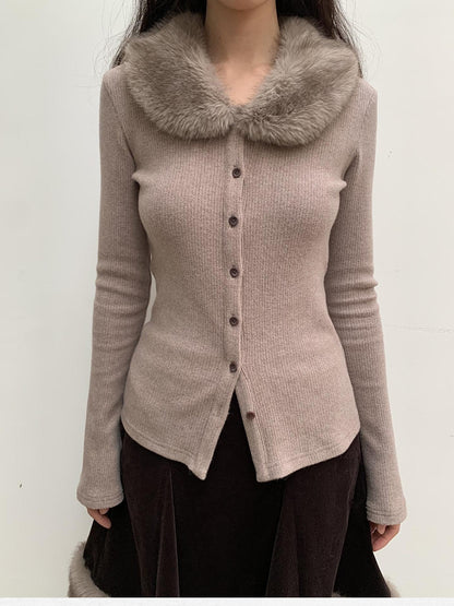 Dorydory Dusty Rose Gray Vintage Detachable Fur Collar Slim Fit Women&