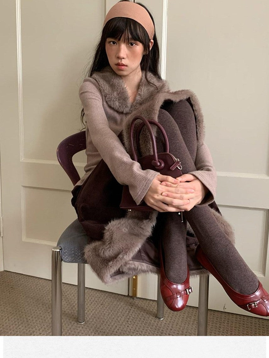 Dorydory Dusty Rose Gray Vintage Detachable Fur Collar Slim Fit Women&