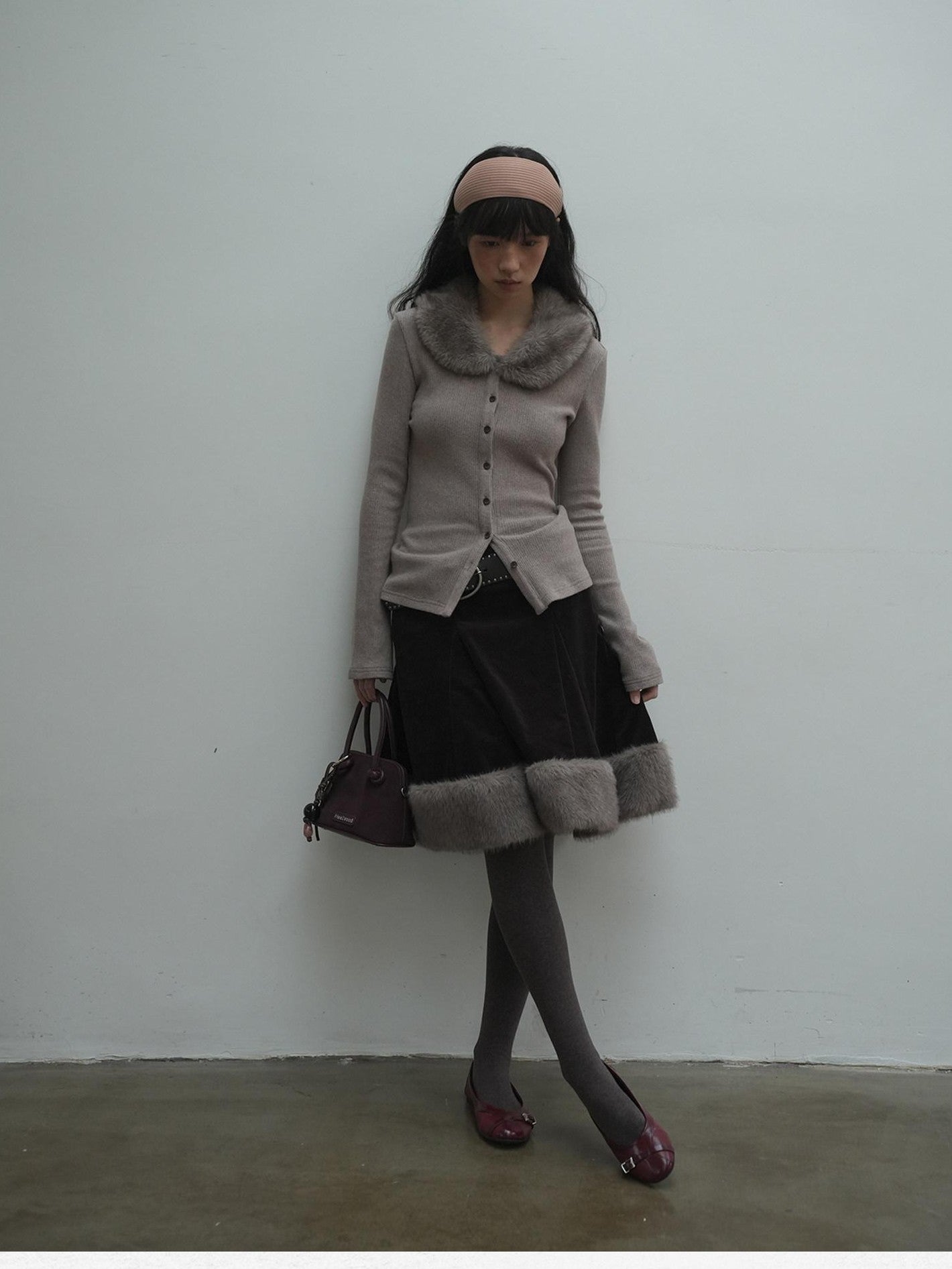 Dorydory Dusty Rose Gray Vintage Detachable Fur Collar Slim Fit Women&