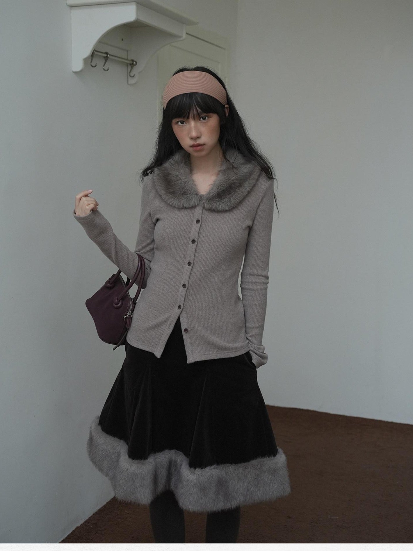 Dorydory Dusty Rose Gray Vintage Detachable Fur Collar Slim Fit Women&