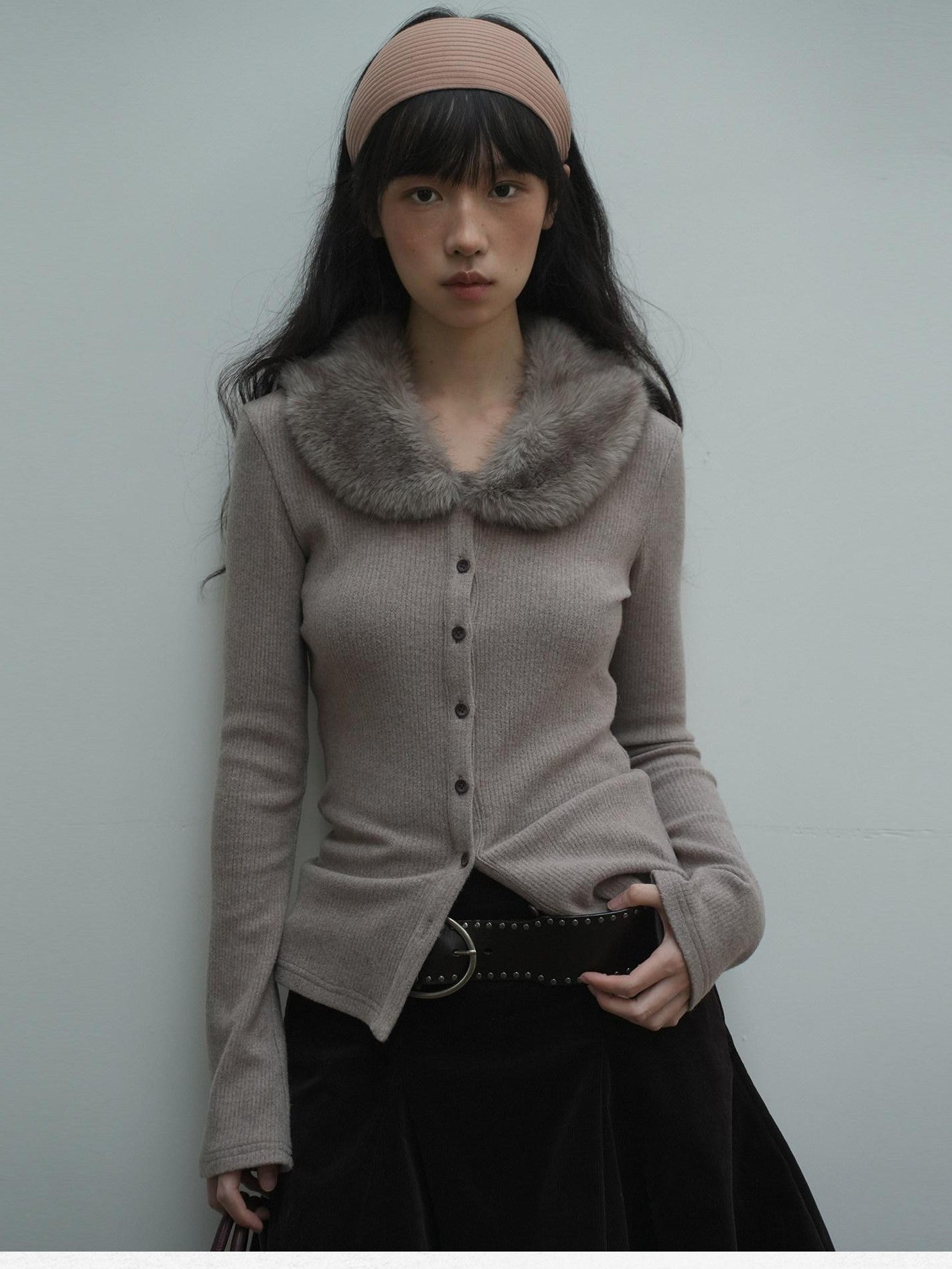 Dorydory Dusty Rose Gray Vintage Detachable Fur Collar Slim Fit Women&