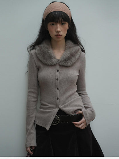 Dorydory Dusty Rose Gray Vintage Detachable Fur Collar Slim Fit Women&