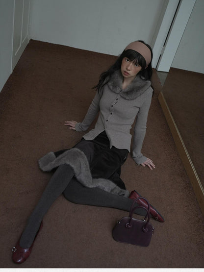 Dorydory Dusty Rose Gray Vintage Detachable Fur Collar Slim Fit Women&