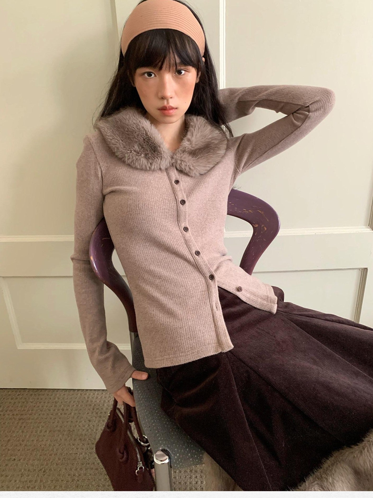 Dorydory Dusty Rose Gray Vintage Detachable Fur Collar Slim Fit Women&
