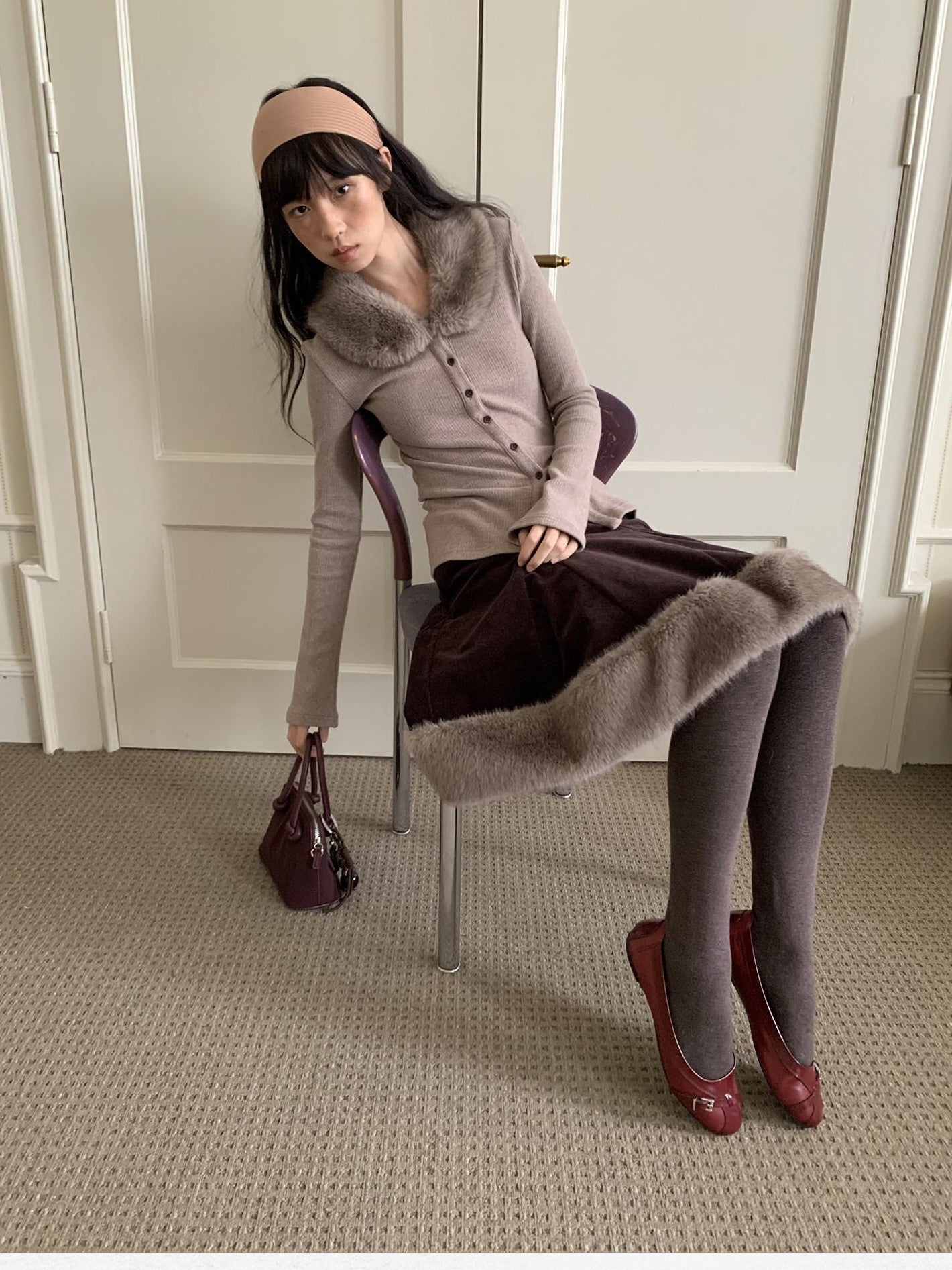Dorydory Dusty Rose Gray Vintage Detachable Fur Collar Slim Fit Women&