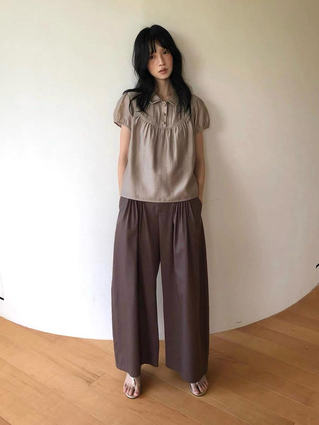 Dorydory Earthy Coffee Vintage Tuck Pleat High Waist Women&