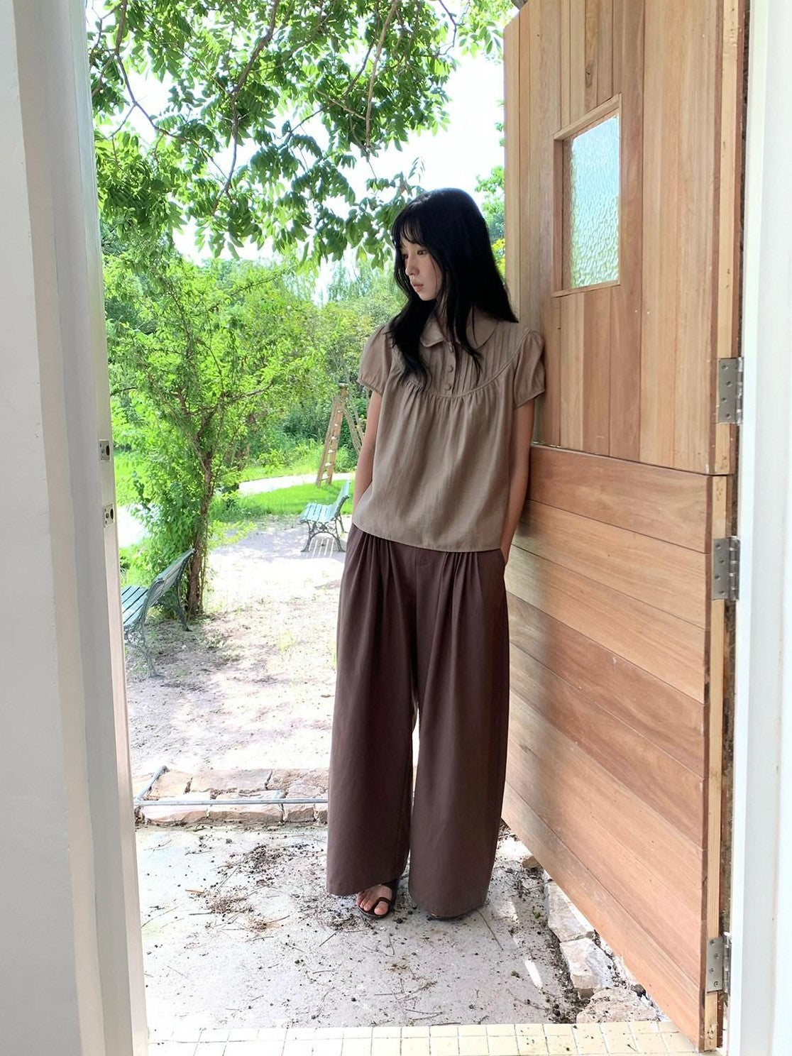 Dorydory Earthy Coffee Vintage Tuck Pleat High Waist Women&