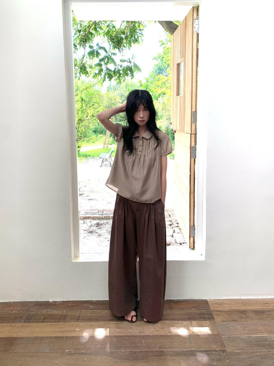 Dorydory Earthy Coffee Vintage Tuck Pleat High Waist Women&