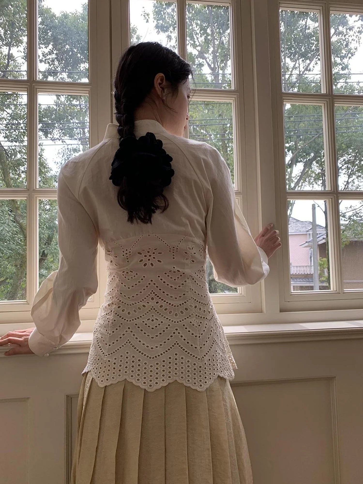 Elegant Embroidered Lace Up Cotton Blouse