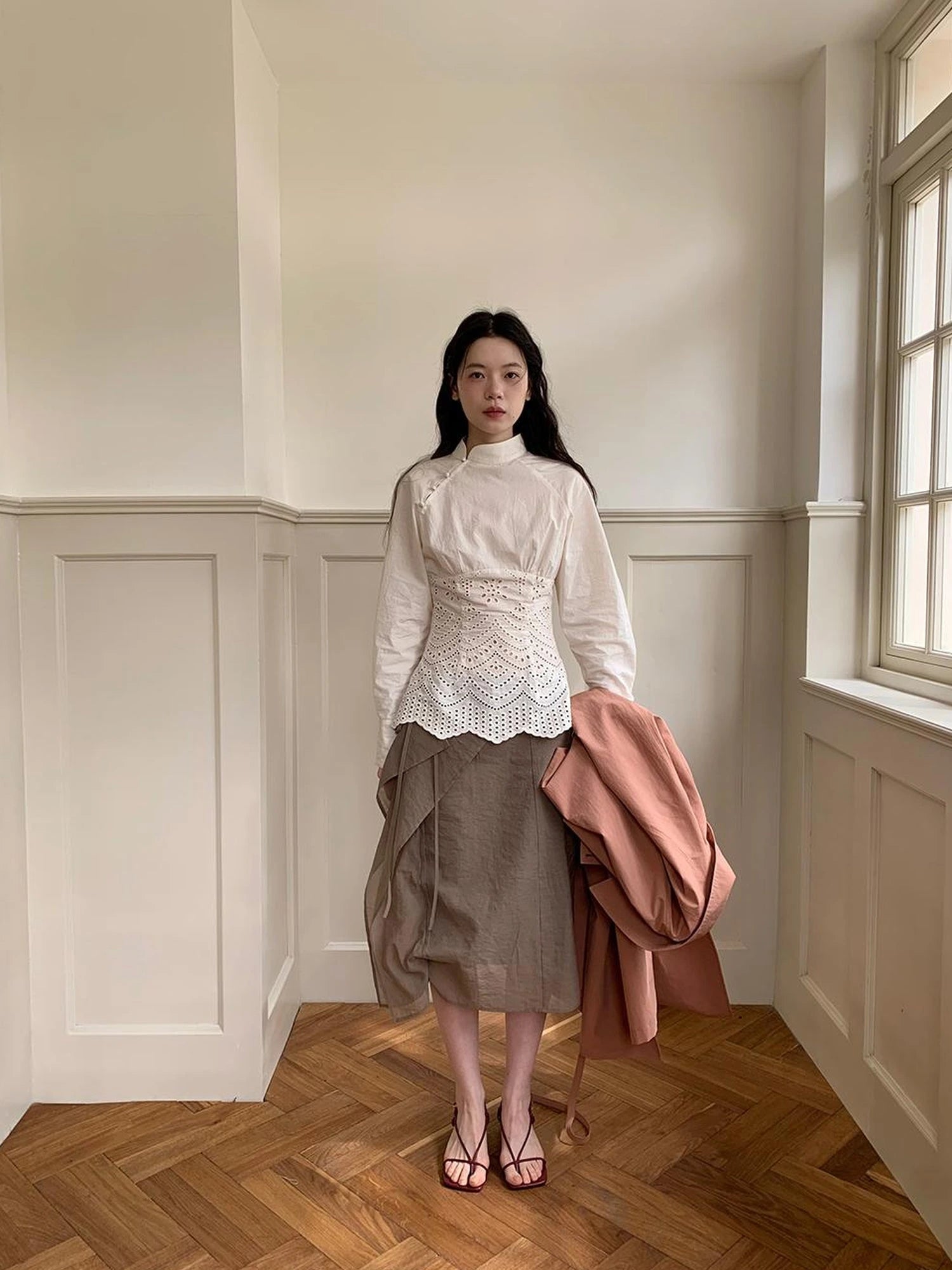 Elegant Embroidered Lace Up Cotton Blouse