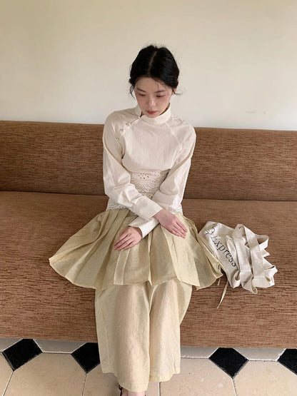 Elegant Embroidered Lace Up Cotton Blouse