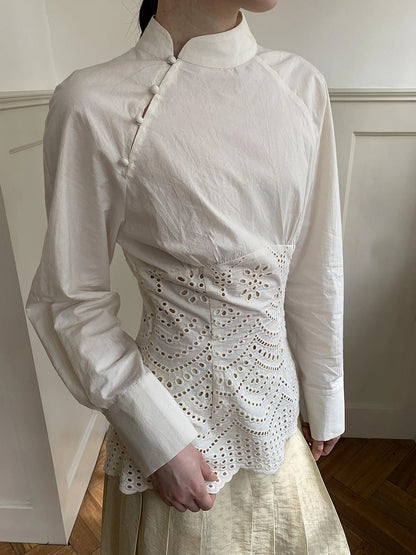 Elegant Embroidered Lace Up Cotton Blouse