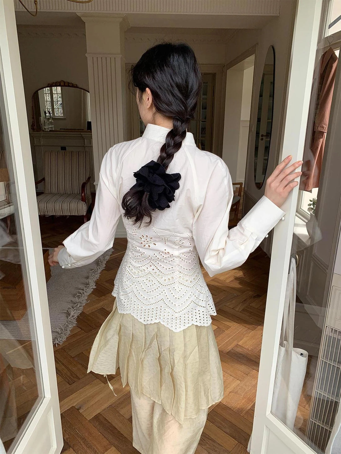 Elegant Embroidered Lace Up Cotton Blouse