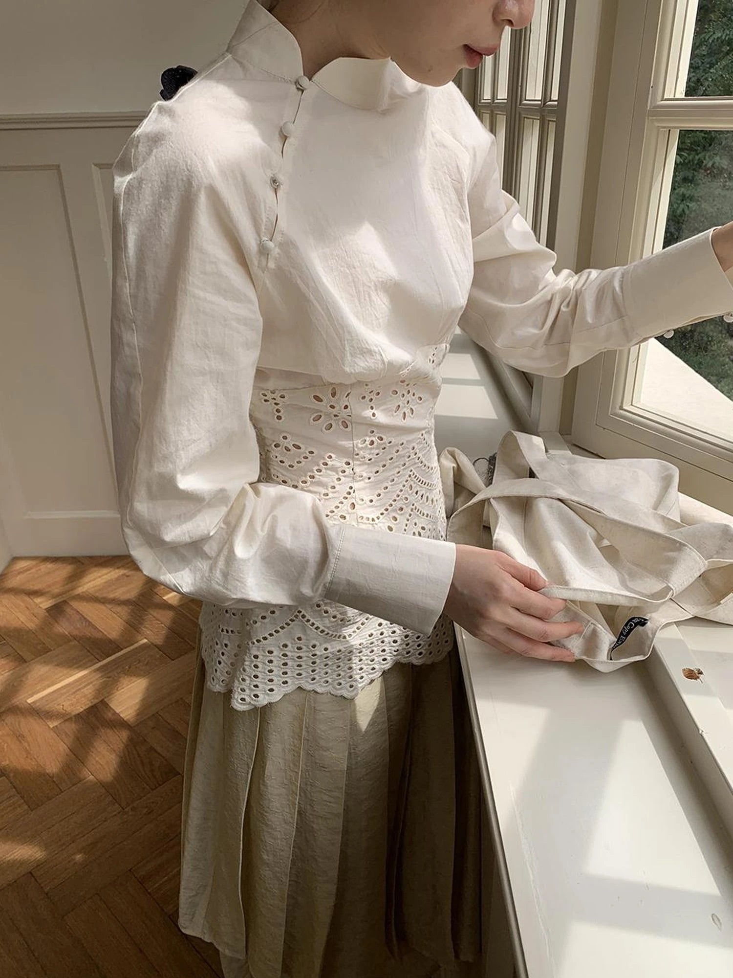 Elegant Embroidered Lace Up Cotton Blouse