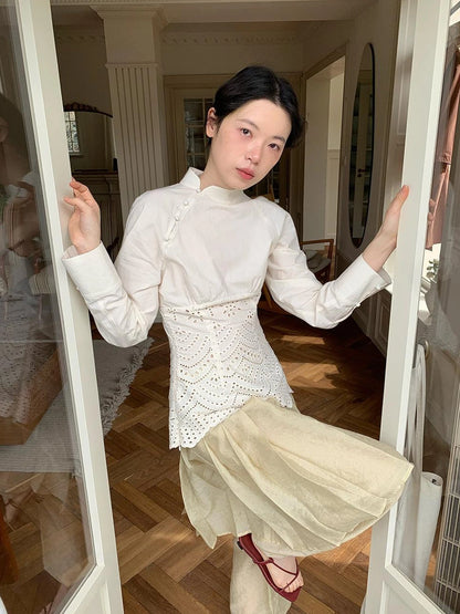 Elegant Embroidered Lace Up Cotton Blouse