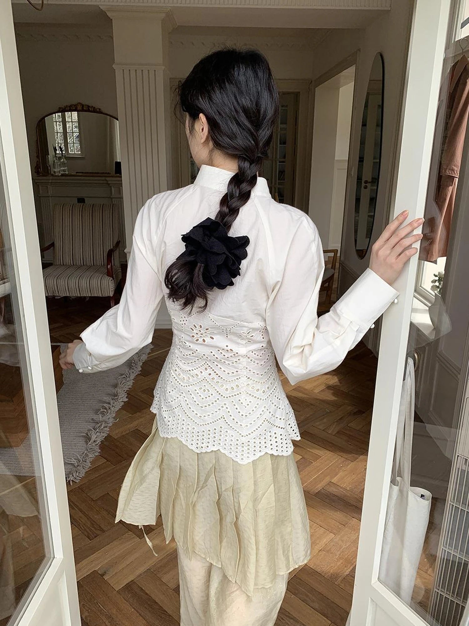 Elegant Embroidered Lace Up Cotton Blouse