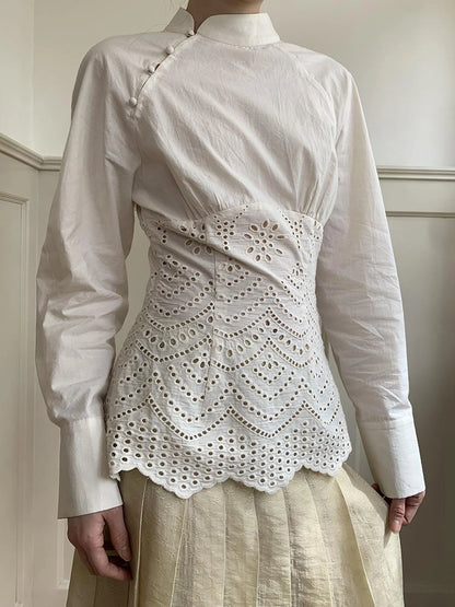 Elegant Embroidered Lace Up Cotton Blouse