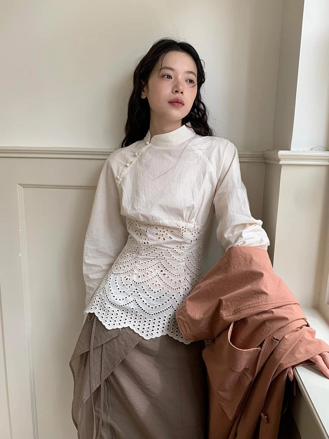 Elegant Embroidered Lace Up Cotton Blouse