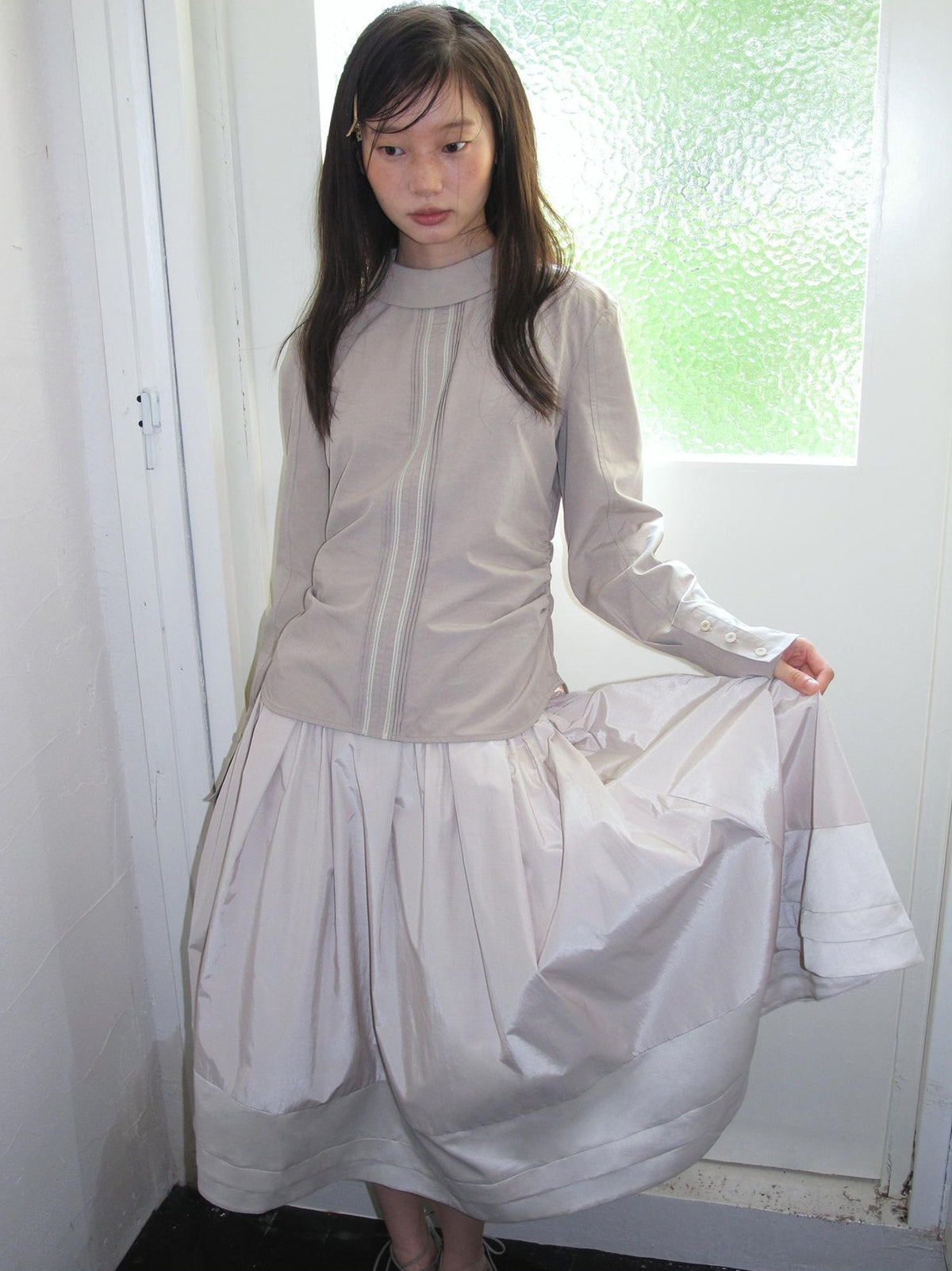 Dorydory Elegant Stand Collar Long Sleeve Lyocell Women&