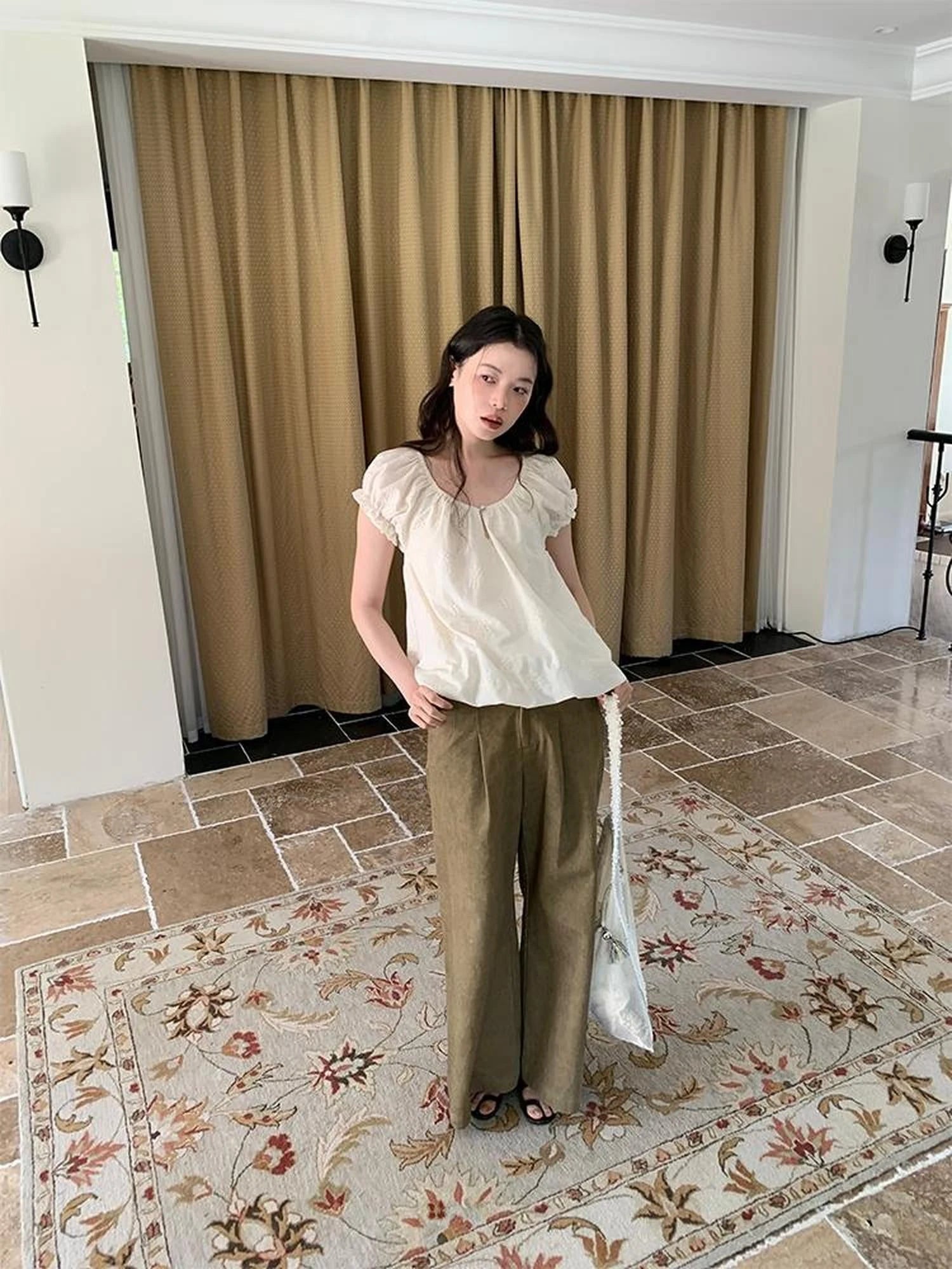 Embroidered Berry Floral Blouse With Puffed Sleeves