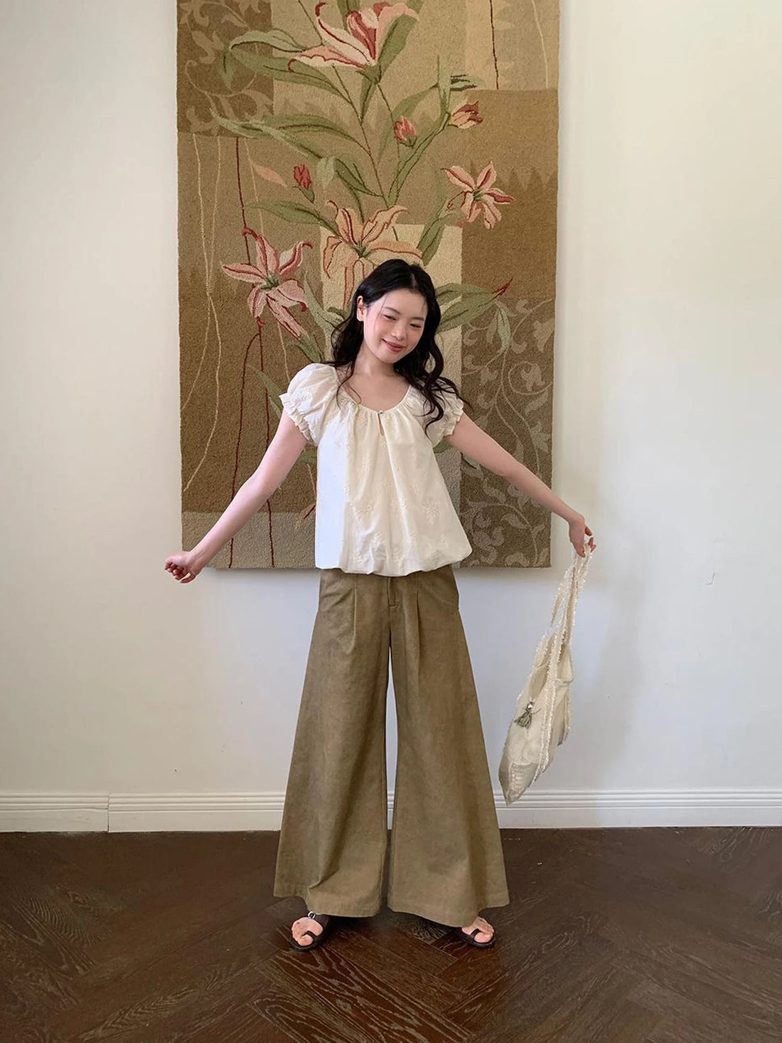 Embroidered Berry Floral Blouse With Puffed Sleeves