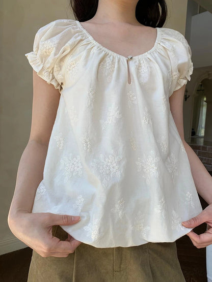 Embroidered Berry Floral Blouse With Puffed Sleeves