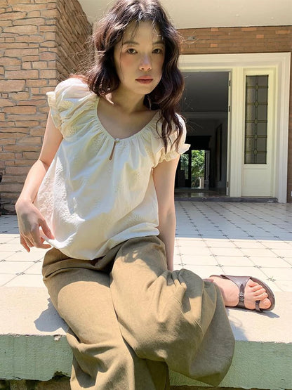 Embroidered Berry Floral Blouse With Puffed Sleeves