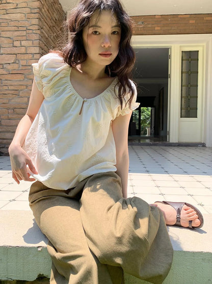 Embroidered Berry Floral Blouse With Puffed Sleeves