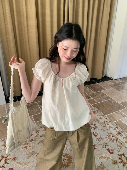 Dorydory Embroidered Berry Floral Blouse With Puffed Sleeves
