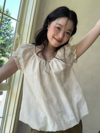 Embroidered Berry Floral Blouse With Puffed Sleeves