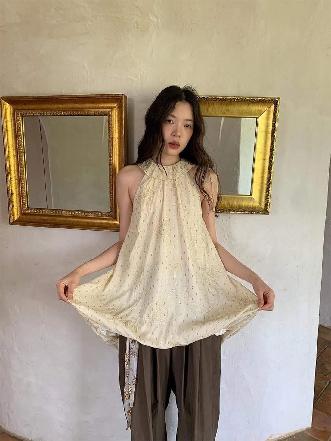 Embroidered Cotton Halter Neck Sundress With Lace Collar