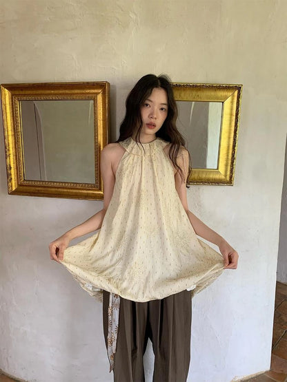 Embroidered Cotton Halter Neck Sundress With Lace Collar