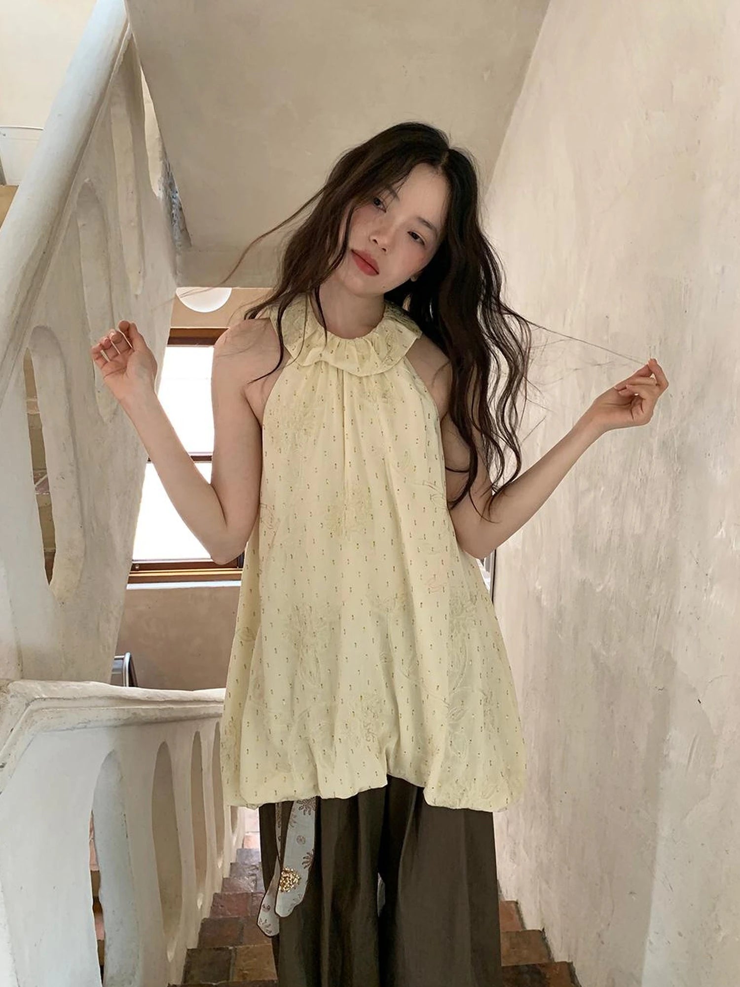 Embroidered Cotton Halter Neck Sundress With Lace Collar