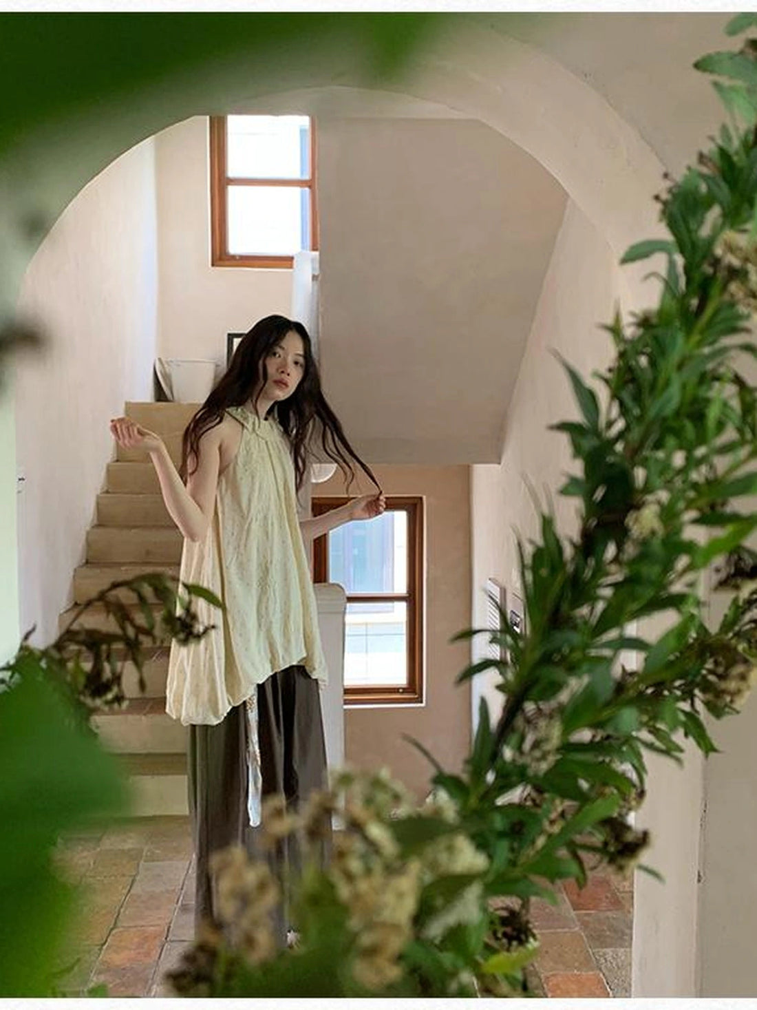 Embroidered Cotton Halter Neck Sundress With Lace Collar