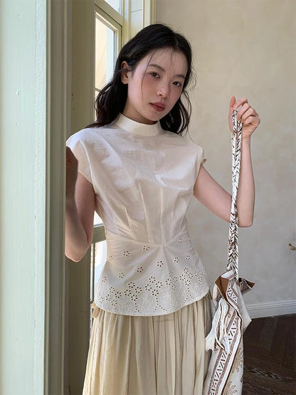 Embroidered Mandarin Collar White Shirt With Floral Lace Hem