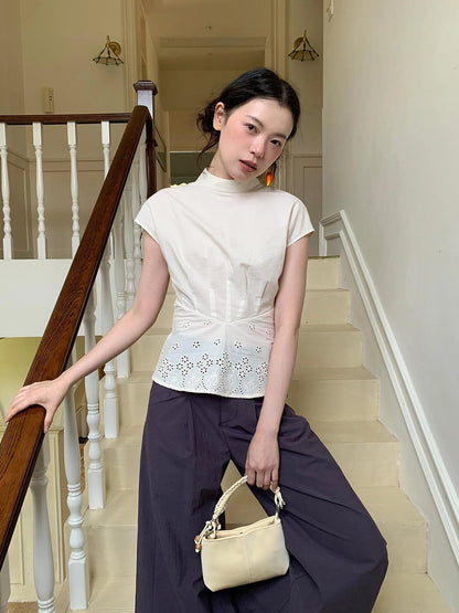 Embroidered Mandarin Collar White Shirt With Floral Lace Hem