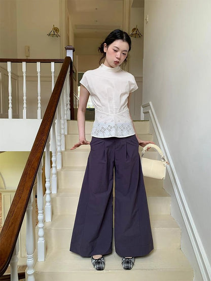 Embroidered Mandarin Collar White Shirt With Floral Lace Hem