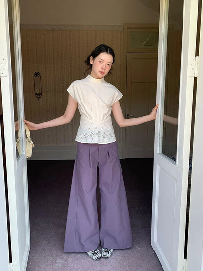 Embroidered Mandarin Collar White Shirt With Floral Lace Hem