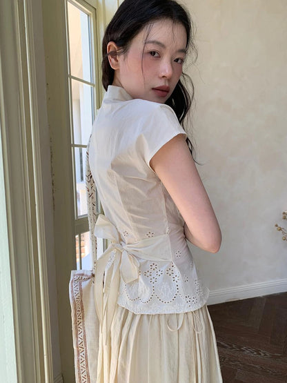 Embroidered Mandarin Collar White Shirt With Floral Lace Hem