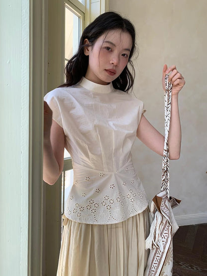 Embroidered Mandarin Collar White Shirt With Floral Lace Hem