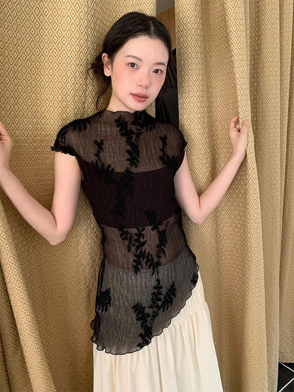 Embroidered Pleated Vest Asymmetric Hem Sleeveless Top