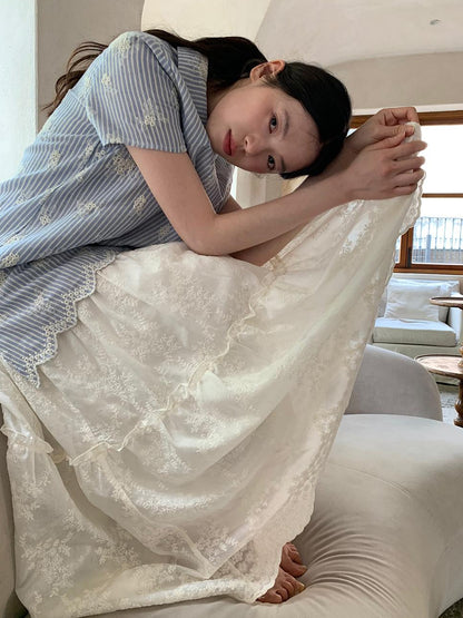 Dorydory Embroidered Wave Hem White Skirt Elegant Floral Lace A Line Midi