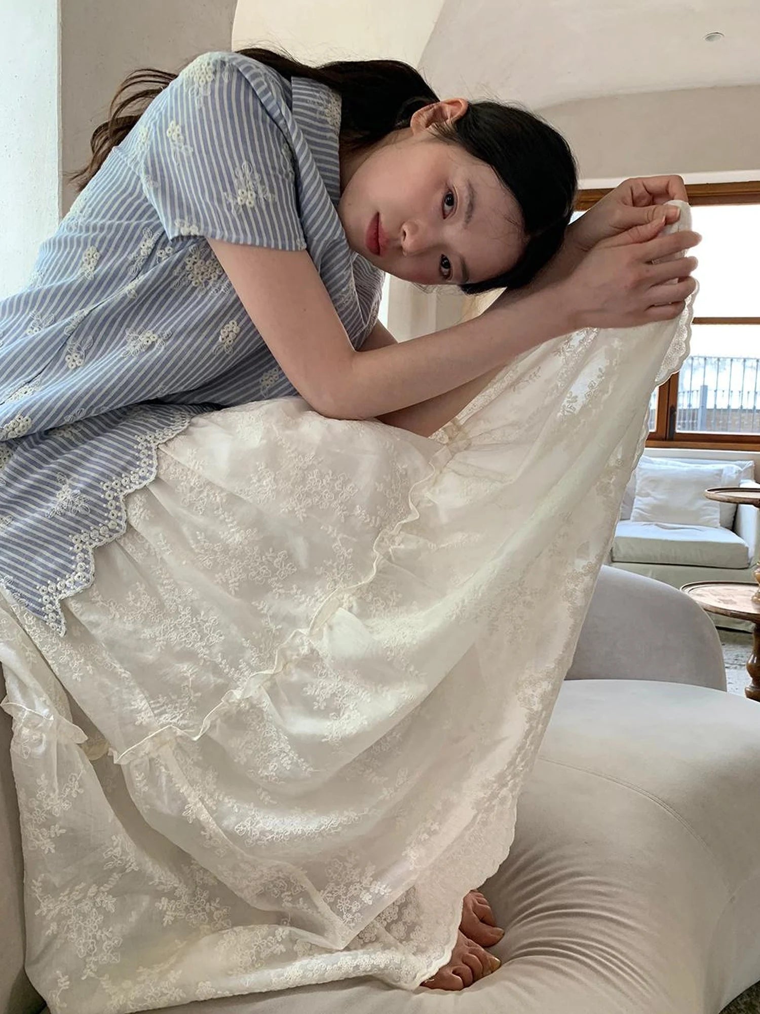 Embroidered Wave Hem White Skirt Elegant Floral Lace A Line Midi