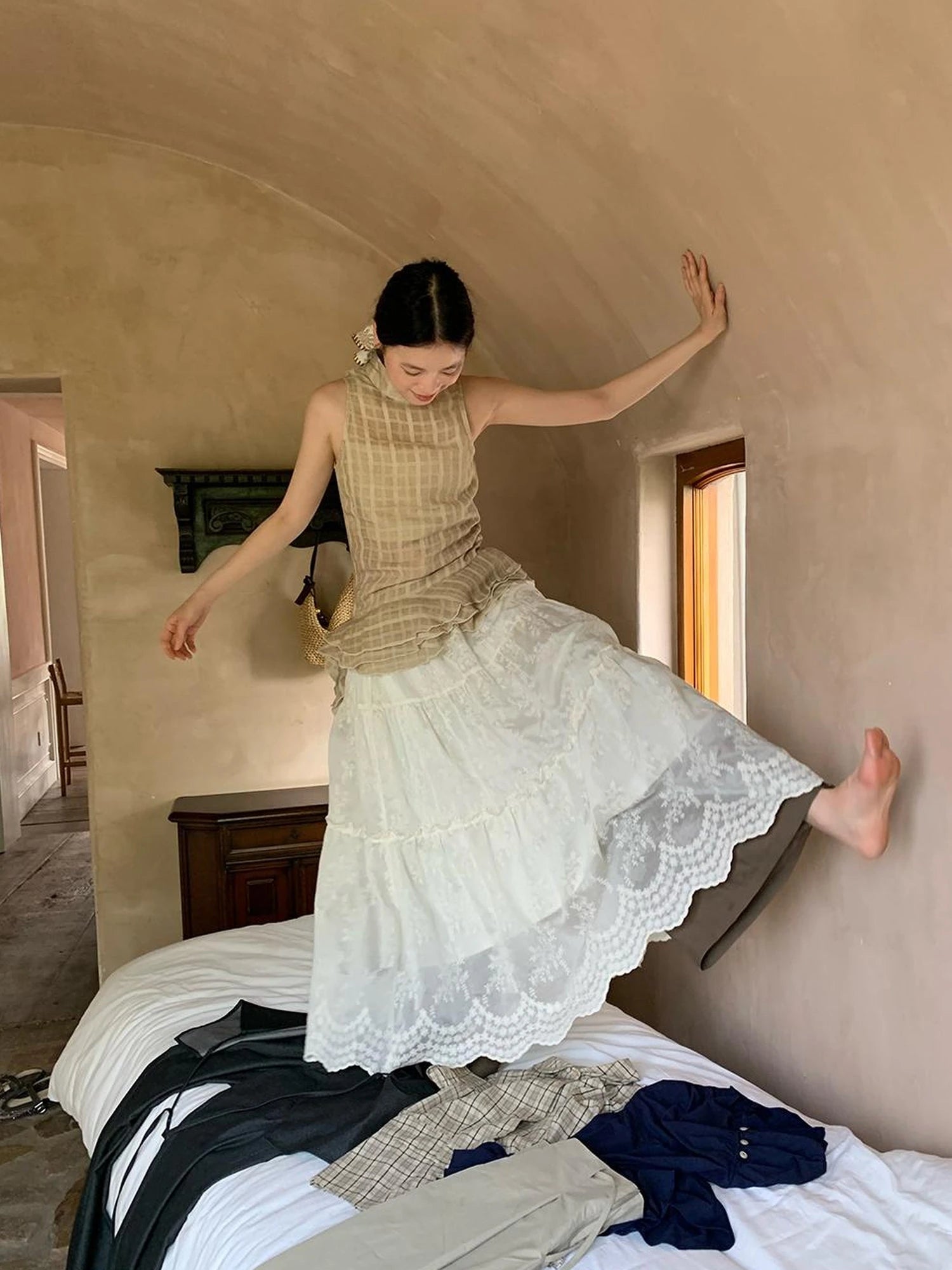 Embroidered Wave Hem White Skirt Elegant Floral Lace A Line Midi