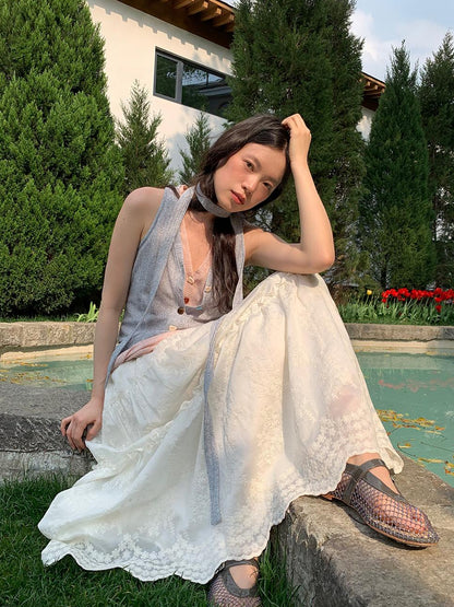 Dorydory Embroidered Wave Hem White Skirt Elegant Floral Lace A Line Midi